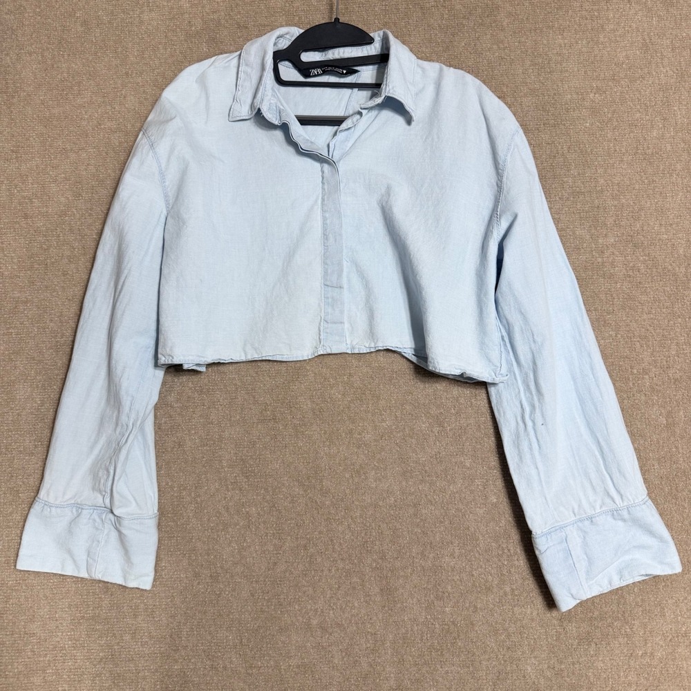 Zara Womens Light Blue Cropped Linen Blend Open Back Button Down Shirt Size M